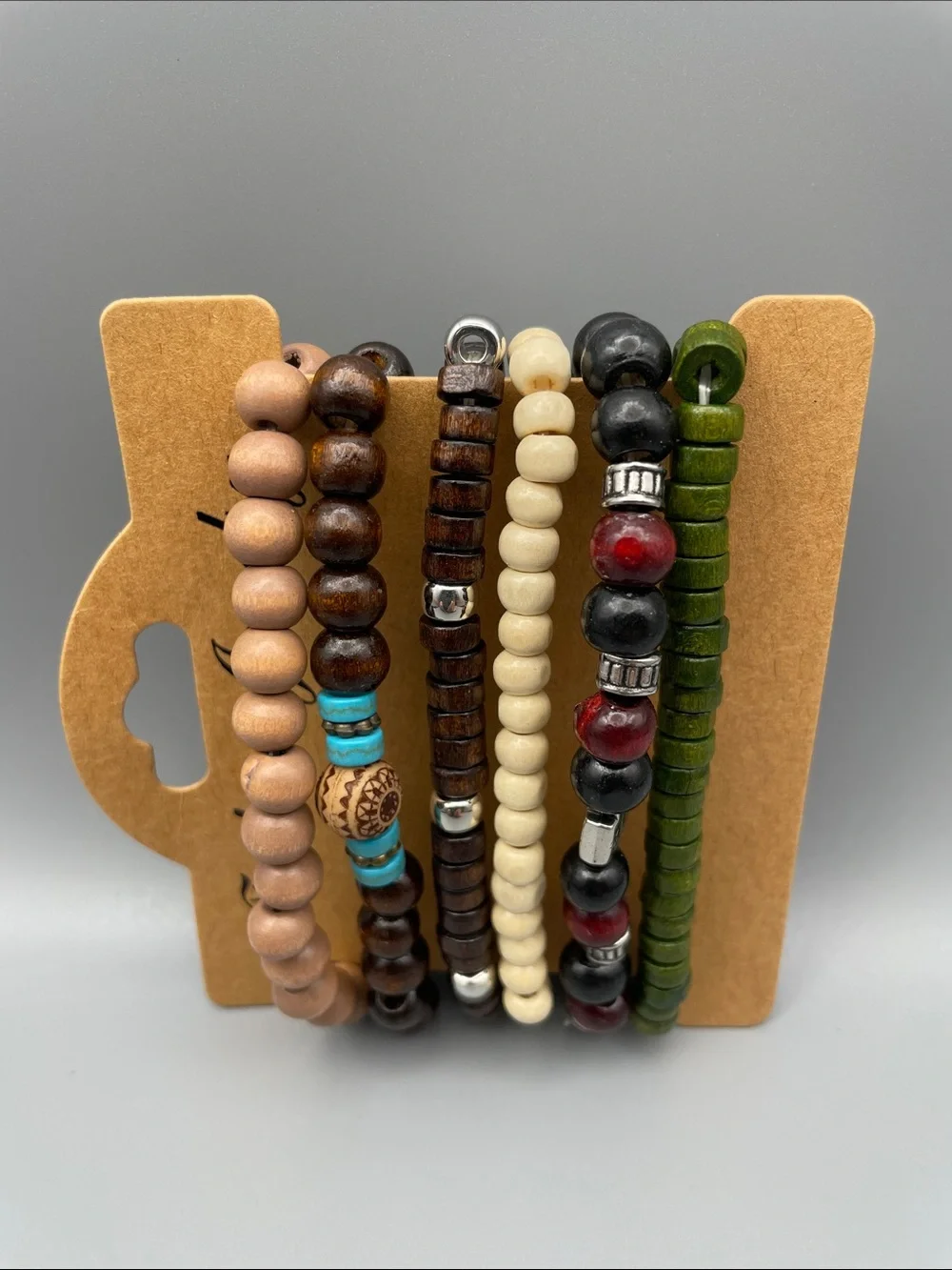 Stacked Beaded Bracelet Set, Women’s— Natural Wood, Turquoise, Ivory & Olive
